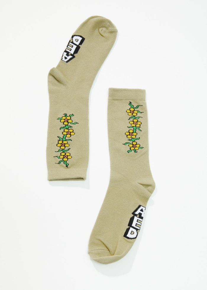 Afends Unisex Flowerbed - Crew Socks - Cement - Streetwear - Sustainable Fashion