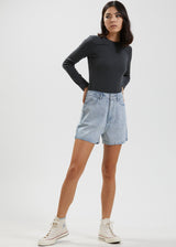 Afends Womens Seventy Threes - Hemp Washed Denim High Waisted Shorts - Vintage Blue - Https://player.vimeo.com/external/588176846.hd.mp4?s=a5141d624ecfa41916841a4c0d3b691e969ec1a0&profile_id=175