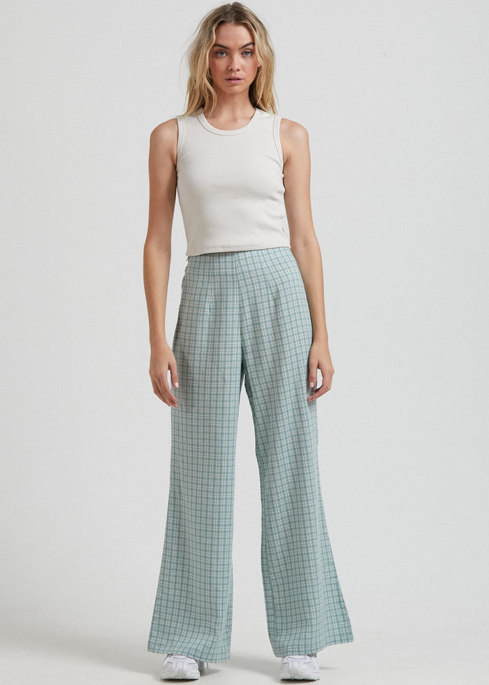 Afends Womens Billy - Hemp Check High Waisted Pants - Moss Check - Streetwear - Sustainable Fashion