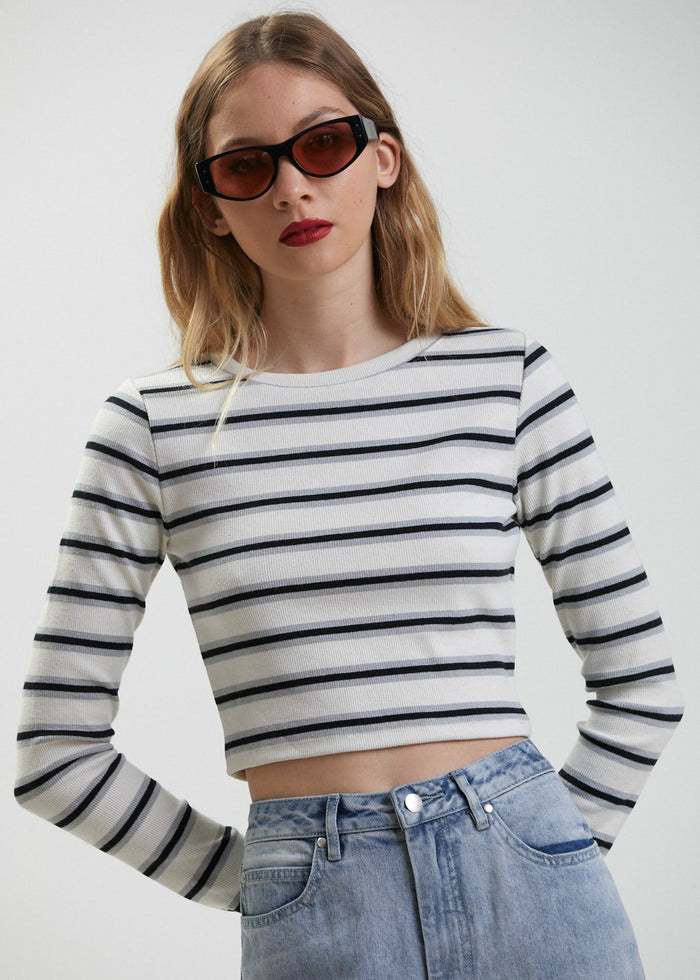 Afends Womens Moby - Hemp Striped Long Sleeve Top - Shadow - Streetwear - Sustainable Fashion