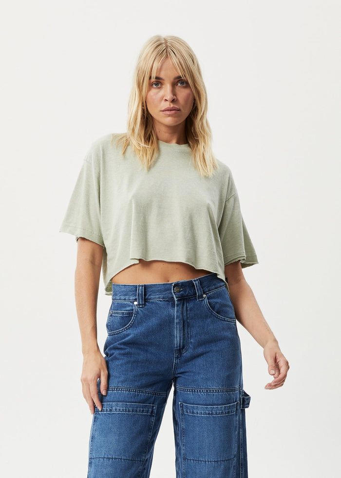 Afends Womens Slay Cropped - Hemp Oversized T-Shirt - Eucalyptus - Streetwear - Sustainable Fashion