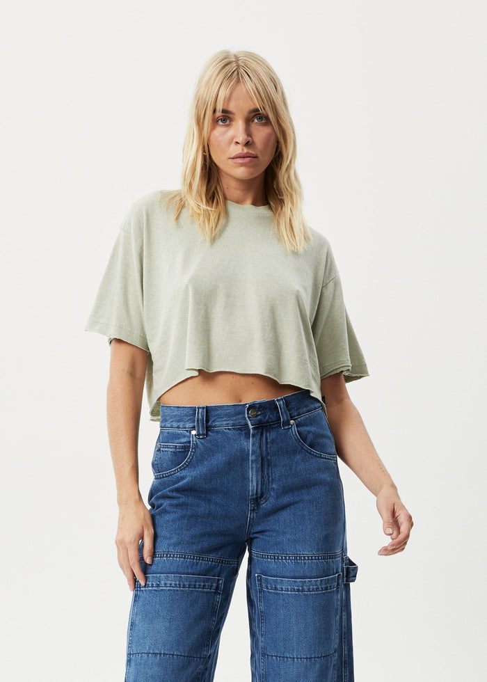 AFENDS Womens Slay Cropped - Oversized Tee - Eucalyptus - Streetwear - Sustainable Fashion