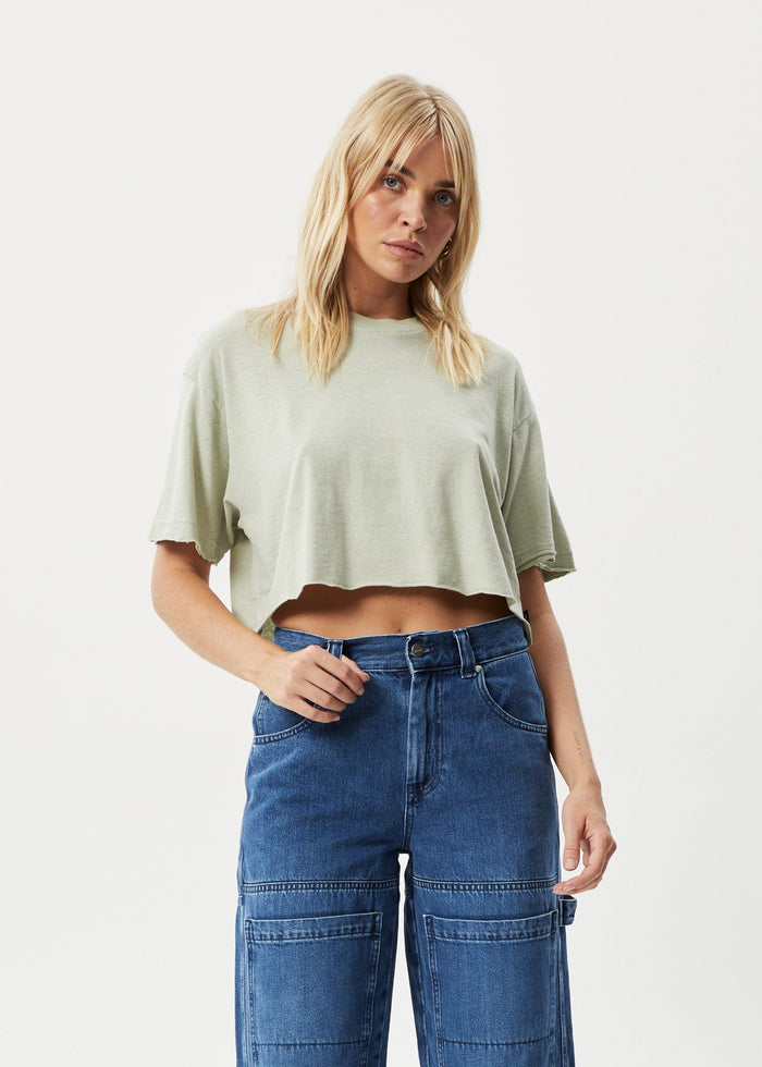 Afends Womens Slay Cropped - Hemp Oversized T-Shirt - Eucalyptus - Streetwear - Sustainable Fashion