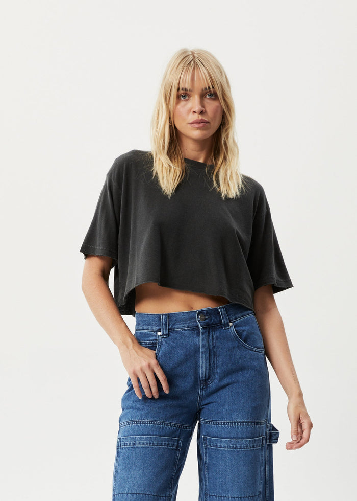 AFENDS Womens Slay Cropped - Oversized Tee - Stone Black - Streetwear - Sustainable Fashion