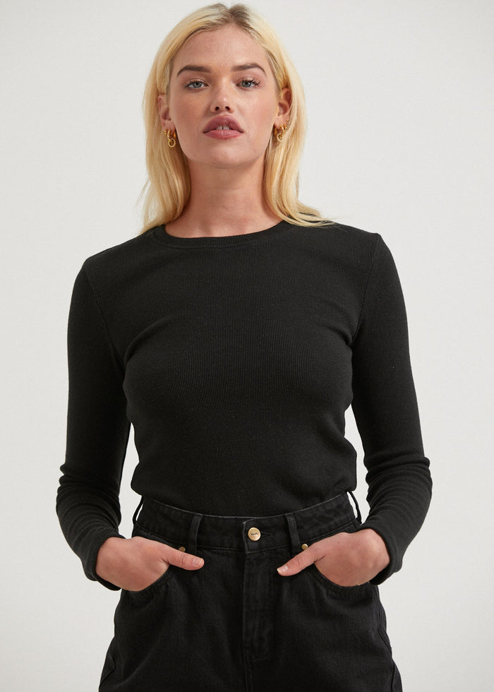 Afends Womens Harvey - Hemp Ribbed Long Sleeve Top - Black - Streetwear - Sustainable Fashion