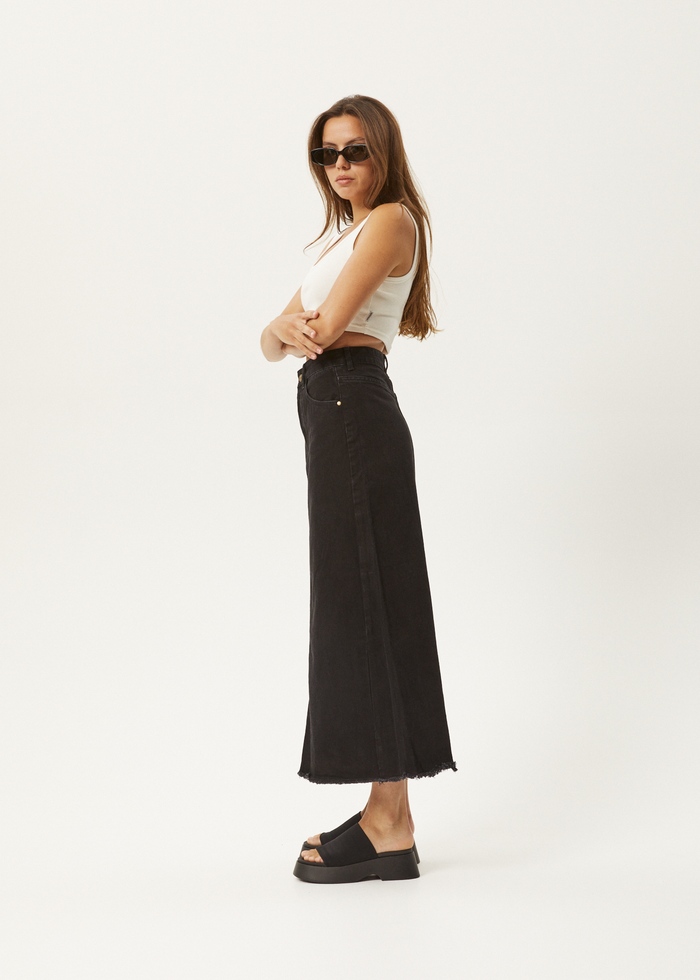 Afends Womens Chichi - Organic Denim Midi Skirt - Washed Black - Streetwear - Sustainable Fashion