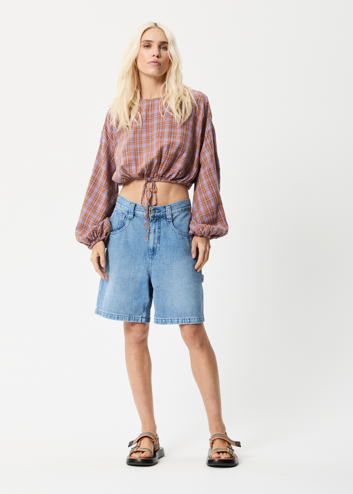 Afends Womens Colby - Hemp Check Cropped Long Sleeve Top - Plum - Streetwear - Sustainable Fashion