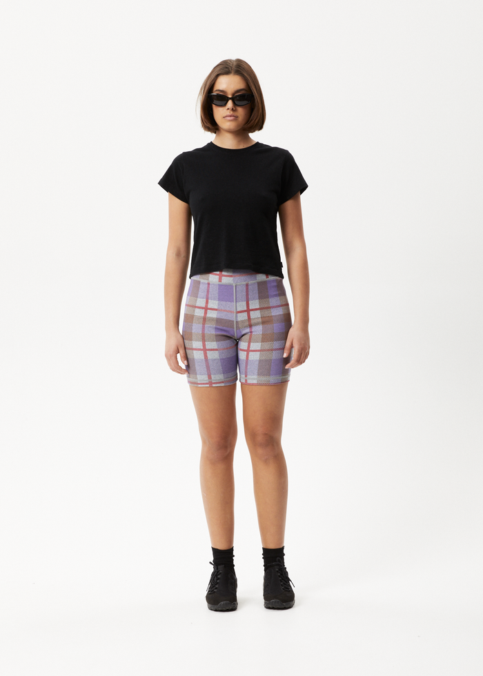 Afends Womens Colby - Hemp Check Ribbed Bike Shorts - Plum - Streetwear - Sustainable Fashion