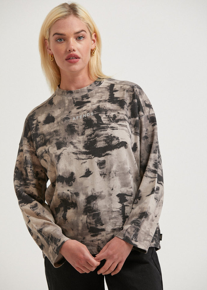 Afends Womens Real Time - Organic Weighted Long Sleeve T-Shirt - Bone - Streetwear - Sustainable Fashion
