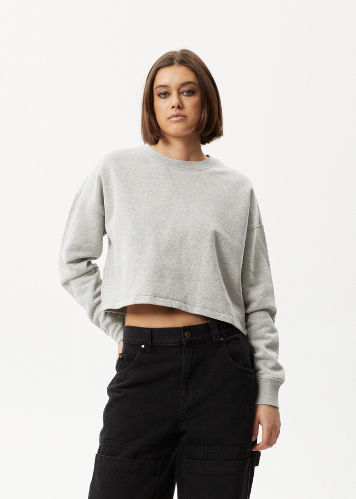 Afends Womens Down Town - Organic Cropped Crew Neck Jumper - Grey Marle - Streetwear - Sustainable Fashion