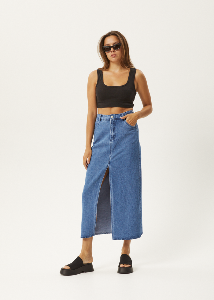 Afends Womens Ayla - Hemp Denim Maxi Skirt - Worn Blue - Streetwear - Sustainable Fashion