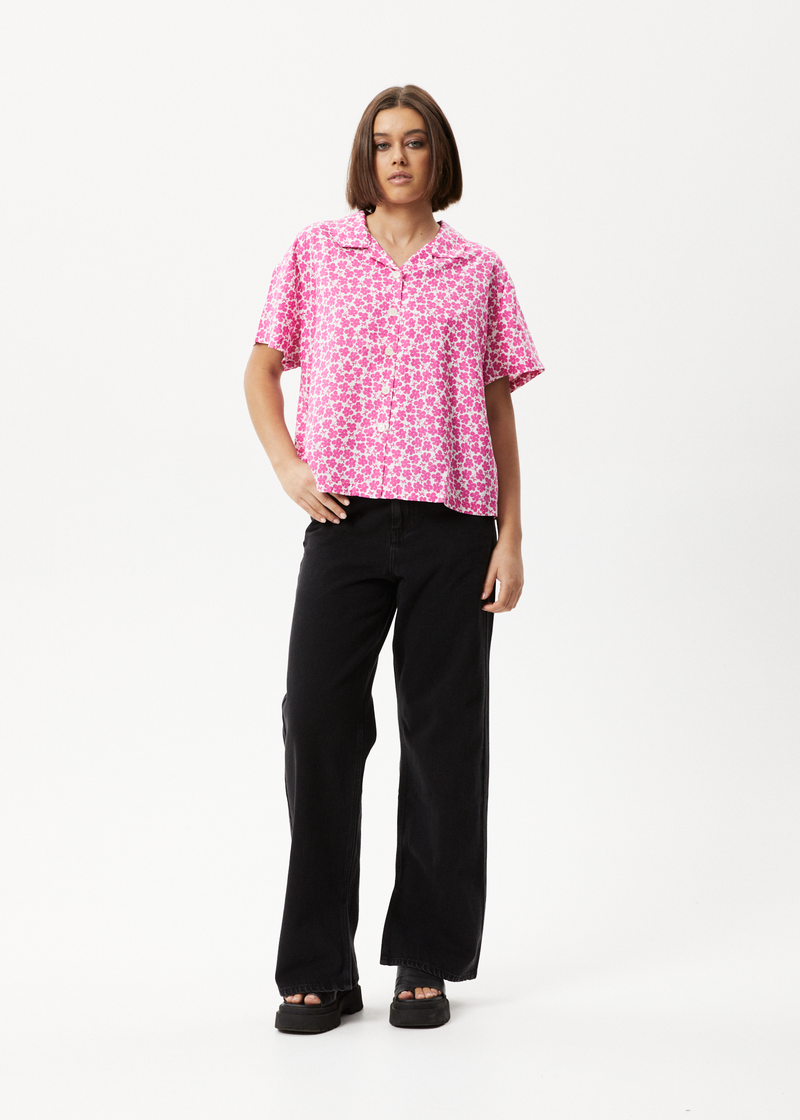 Afends Womens Madeline Mood - Hemp Short Sleeve Shirt - Bubblegum Floral
