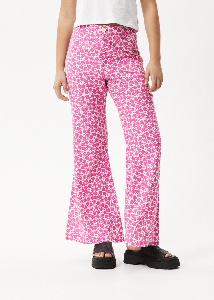 Afends Womens Madeline Birkin - Hemp Flared Pants - Bubblegum Floral - Streetwear - Sustainable Fashion