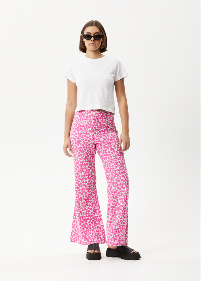 Afends Womens Madeline Birkin - Hemp Flared Pants - Bubblegum Floral - Streetwear - Sustainable Fashion