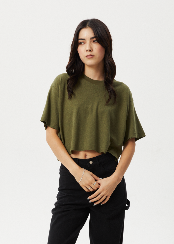 Afends Womens Slay Cropped - Hemp Oversized Tee - Military - Streetwear - Sustainable Fashion