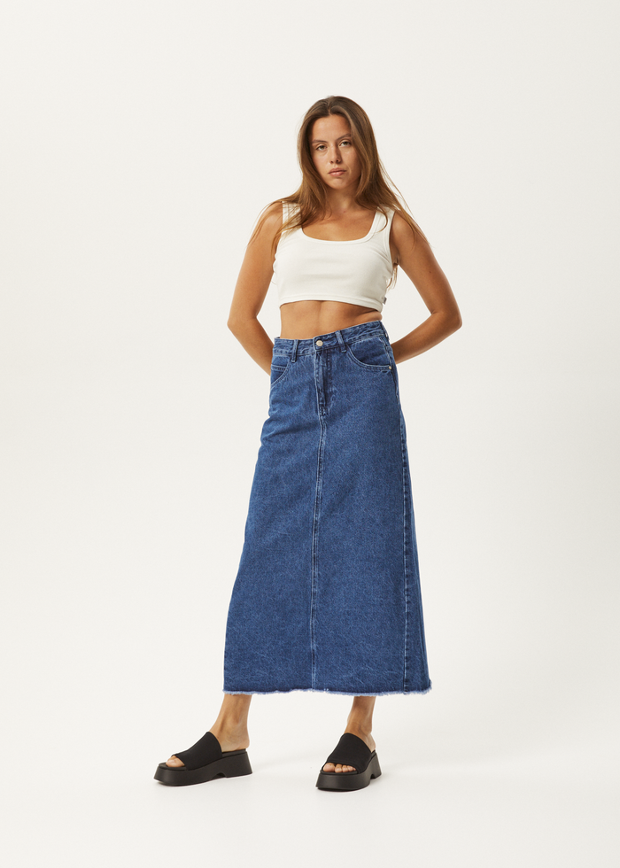 Afends Womens Chichi - Hemp Denim Midi Skirt - Authentic Blue - Streetwear - Sustainable Fashion