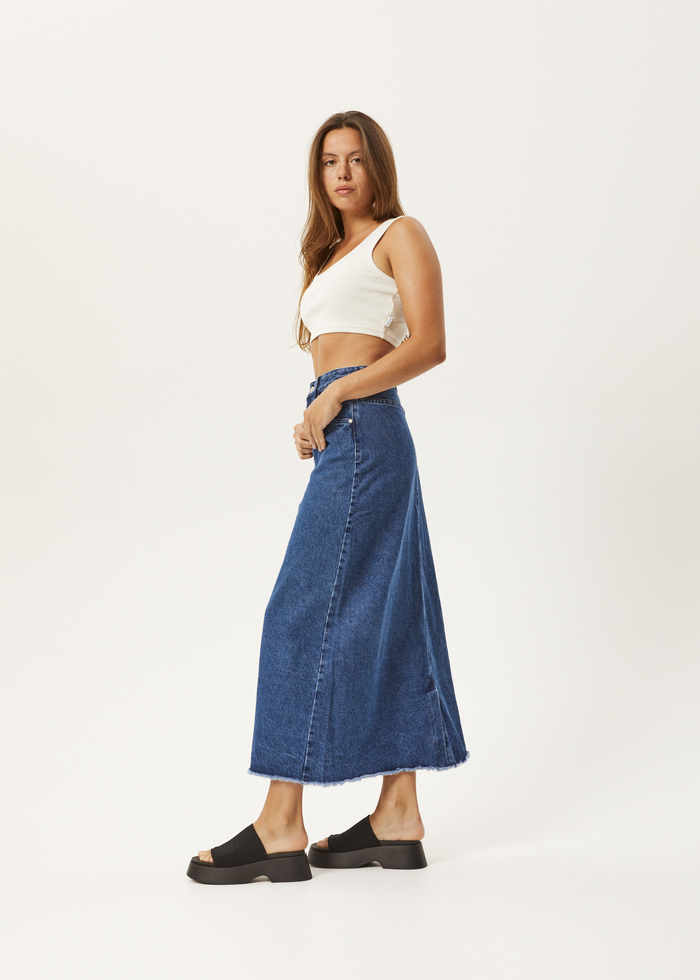 Afends Womens Chichi - Hemp Denim Midi Skirt - Authentic Blue - Streetwear - Sustainable Fashion