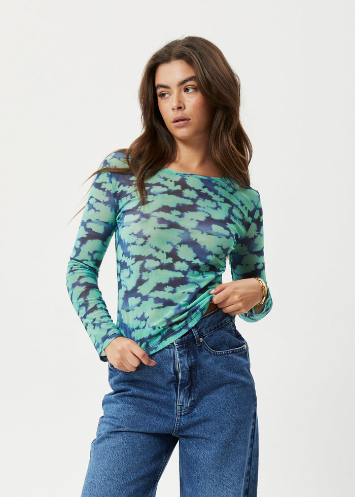 Afends Womens Liquid - Recycled Sheer Long Sleeve Top - Jade Floral - Streetwear - Sustainable Fashion