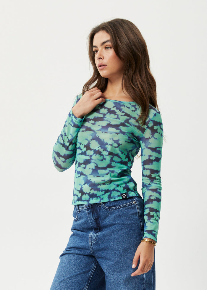 Afends Womens Liquid - Recycled Sheer Long Sleeve Top - Jade Floral - Streetwear - Sustainable Fashion
