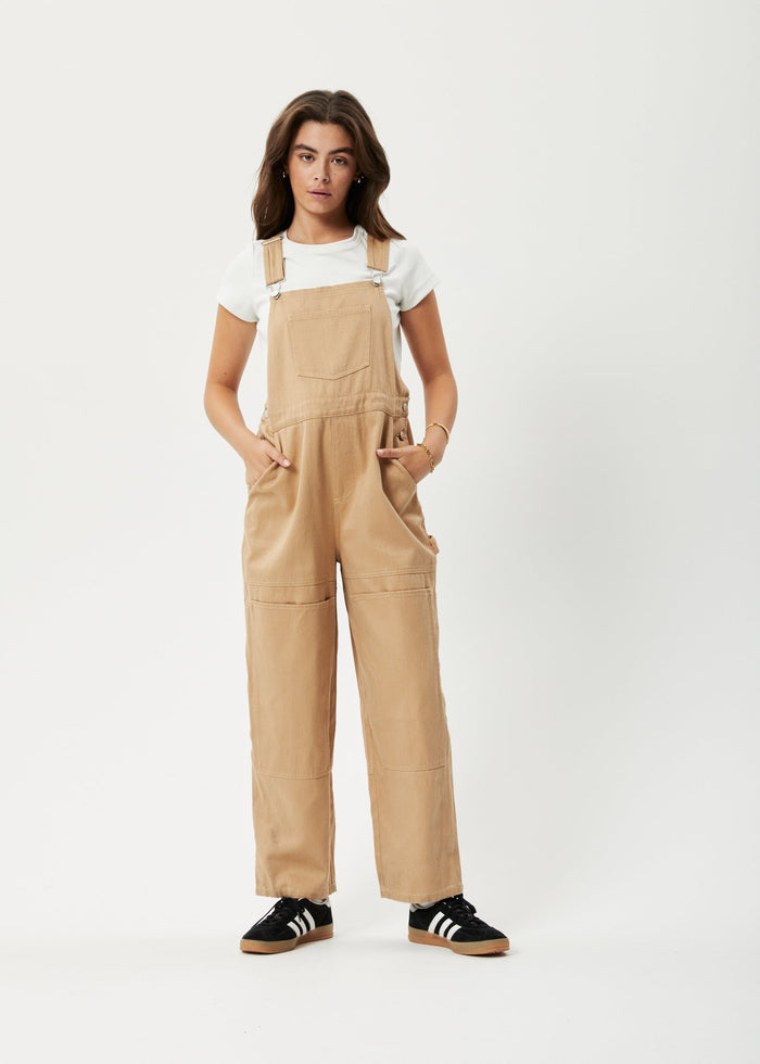 Afends Womens Sleepy Hollow Louis - Hemp Twill Baggy Overalls - Tan - Streetwear - Sustainable Fashion