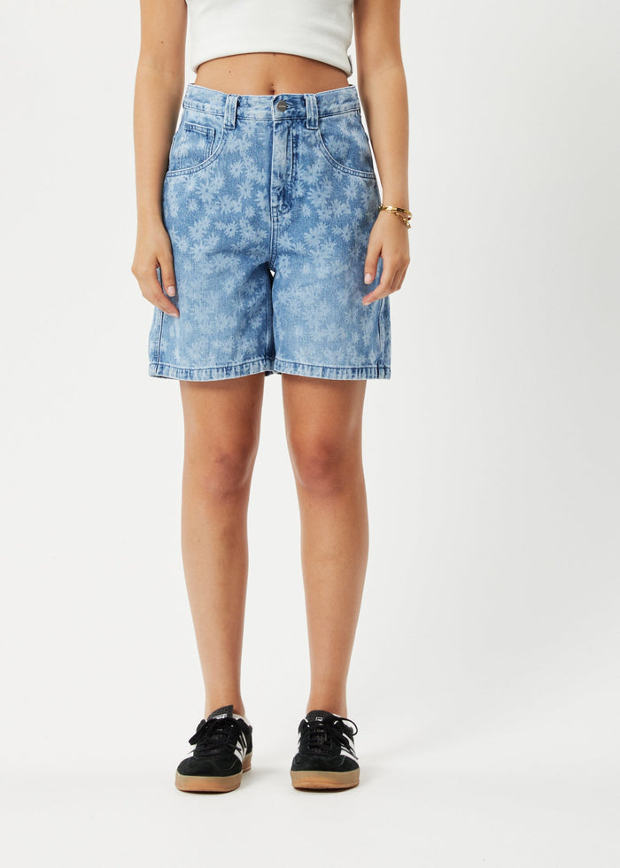Afends Womens Fink Emilie - Hemp Denim Carpenter Shorts - Worn Blue Daisy - Streetwear - Sustainable Fashion