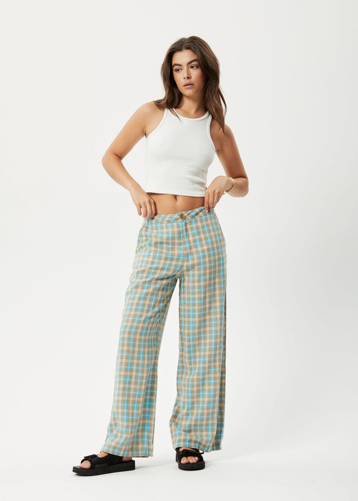 Afends Womens Millie Sienna - Hemp Wide Leg Pants - Tan Check - Streetwear - Sustainable Fashion