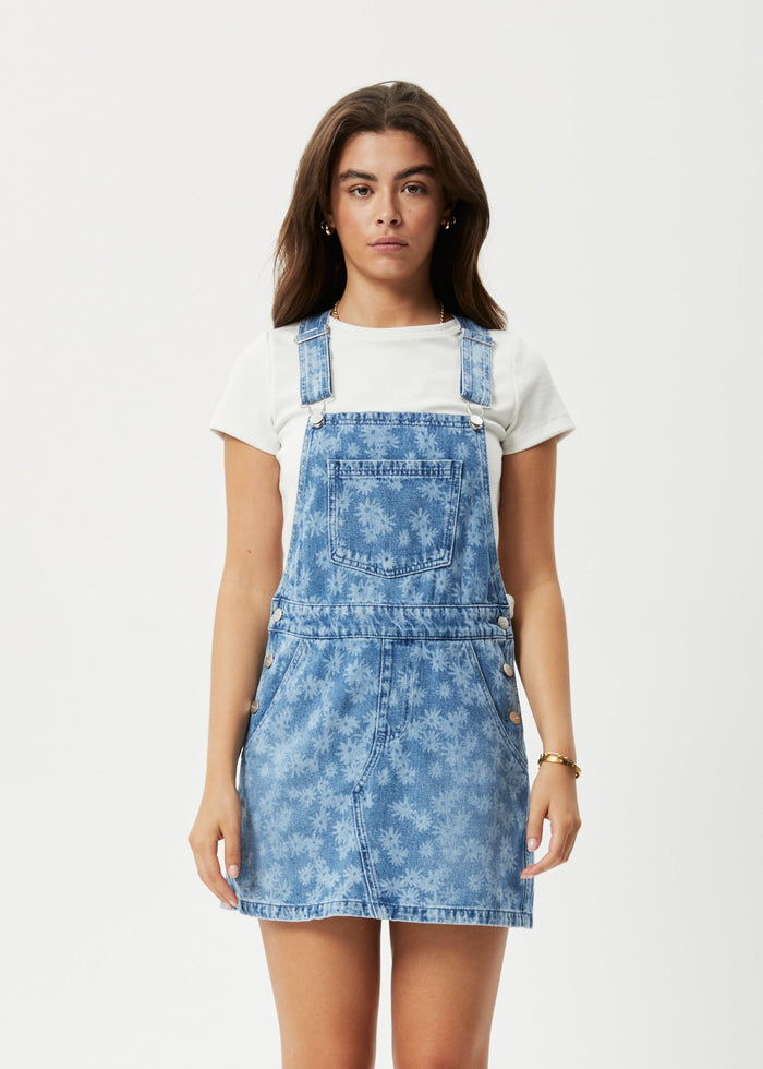 Afends Womens Fink - Hemp Denim Overall Dress - Worn Blue Daisy - Streetwear - Sustainable Fashion