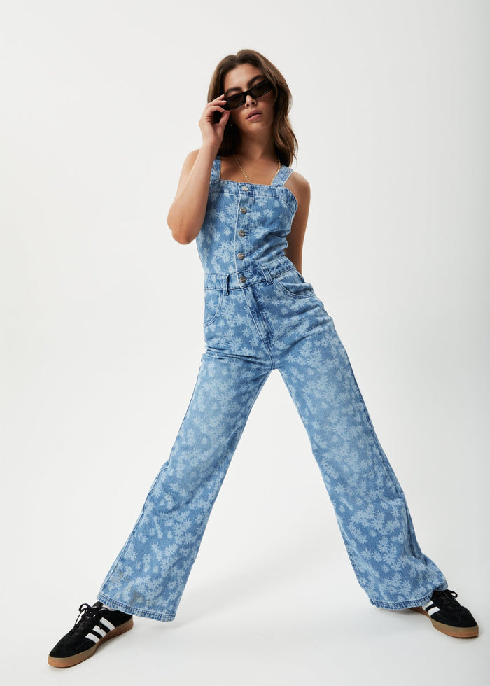 Afends Womens Fink Arlo - Hemp Denim Jumpsuit - Worn Blue Daisy - Streetwear - Sustainable Fashion