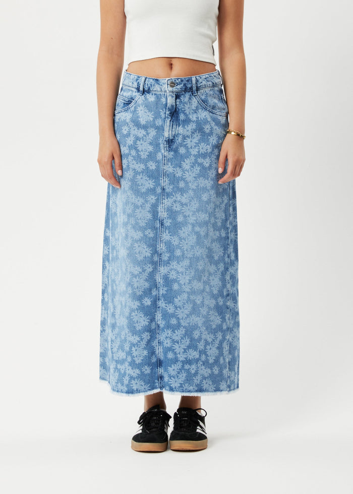Afends Womens Fink Chichi - Hemp Denim Midi Skirt - Worn Blue Daisy - Streetwear - Sustainable Fashion