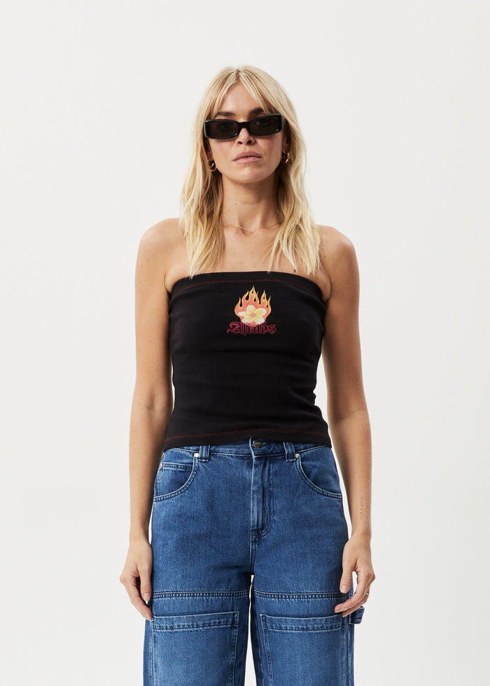 Afends Womens Burning -  Rib Tube Top - Black - Streetwear - Sustainable Fashion