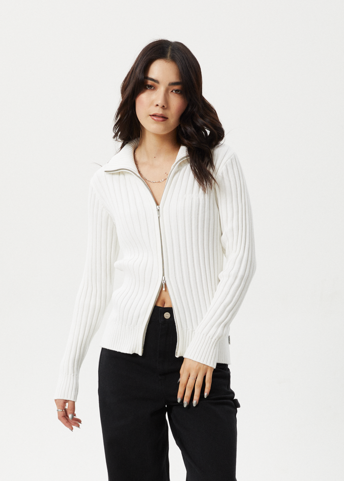 Afends Womens Vision - Knit Zip Through Cardigan - White - Streetwear - Sustainable Fashion